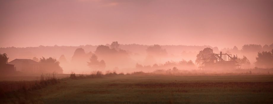 Autumn in Poland. Autumn foggy morning. September dawn in Poland