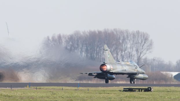 LEEUWARDEN, NETHERLANDS - APRIL 11, 2016: French Air Force Dassault Mirage 2000N during the exercise Frisian Flag. The exercise is considered one of the most important NATO training events this year.