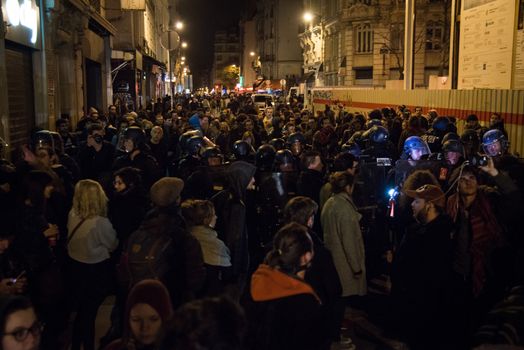 FRANCE, Paris: Hundreds of protesters rally in front of a police station in the 2nd arrondissement of Paris during a night demonstration, on April 12, 2016, to claim the release of a student arrested earlier in the day. 