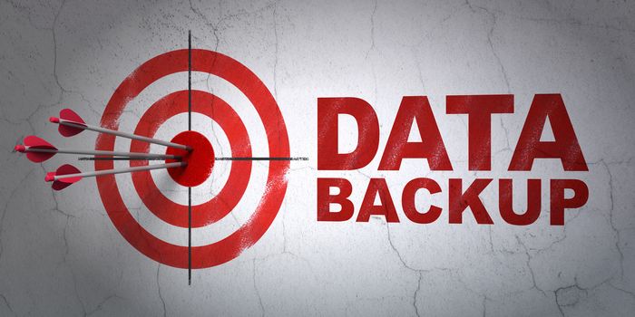 Success Information concept: arrows hitting the center of target, Red Data Backup on wall background, 3D rendering