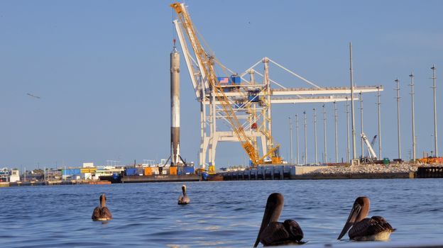 UNITED STATES, Port Canaveral: The first stage of a SpaceX Falcon 9 rocket is seen on the drone ship 'Of course I still love you' docked at Port Canaveral, on April 12, 2016, after its successful landing in the Atlantic Ocean.