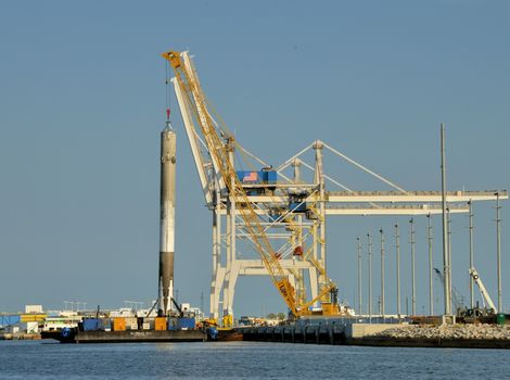 UNITED STATES, Port Canaveral: The first stage of a SpaceX Falcon 9 rocket is seen on the drone ship 'Of course I still love you' docked at Port Canaveral, on April 12, 2016, after its successful landing in the Atlantic Ocean.