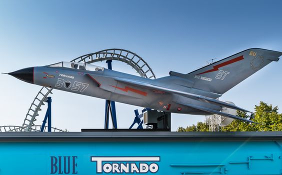 CASTELNUOVO DEL GARDA, Italy - September 8: Gardaland amusement park at Castelnuovo del Garda, Italy on Tuesday, September 8, 2015. Blue tornado is one of the most popular adrenaline attractions.