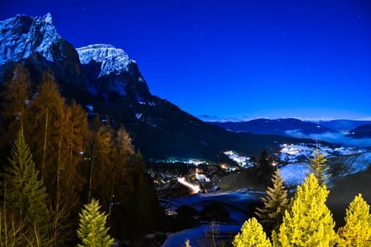 Night panorama of the mountain called "sciliar", Italy.