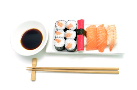 salmon and surimi sushi over white background
