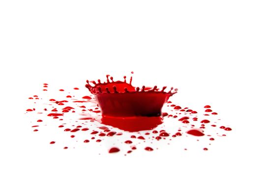 Splash of red paint and a lot of red drops around isolated on white background.