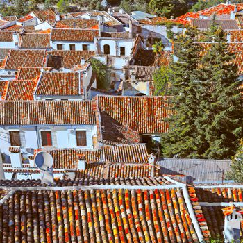 Aerial View on the Red Tiles of the Spanish City of Grazalema, Vintage Style Toned Picture