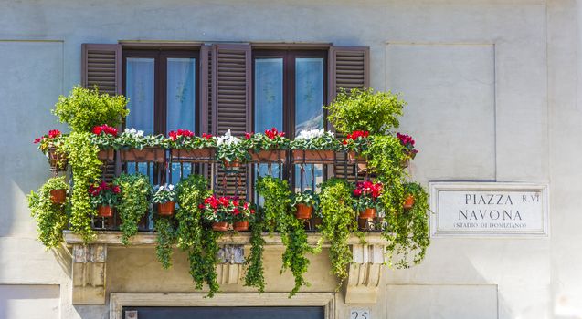 balcony with flowers in piazza navona, rome
