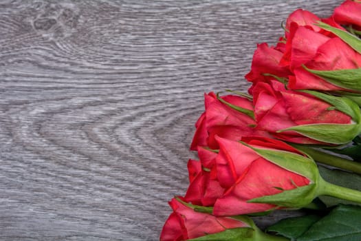 Red roses on a grey wooden background