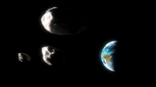 Asteroids group approaching the earth. 3d illustration