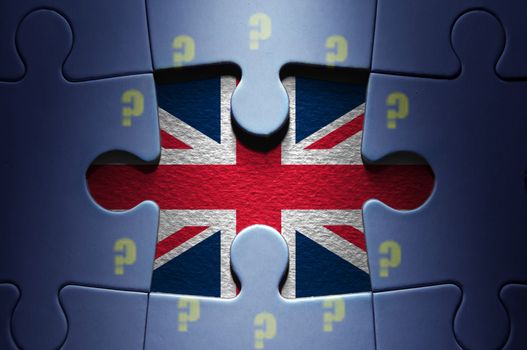 Missing piece from a jigsaw puzzle revealing the British flag question mark European flag 