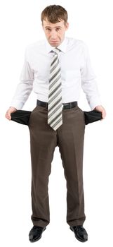 Businessman turned out his pockets isolated on white background