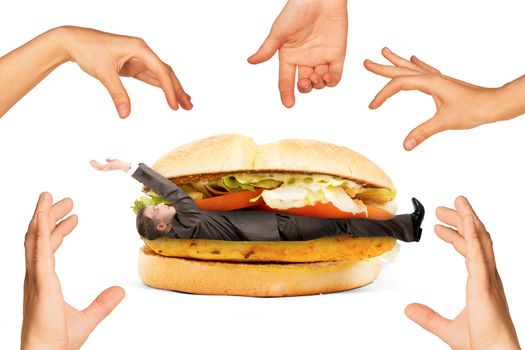 Businessman inside hamburger and set of hands isolated on white background