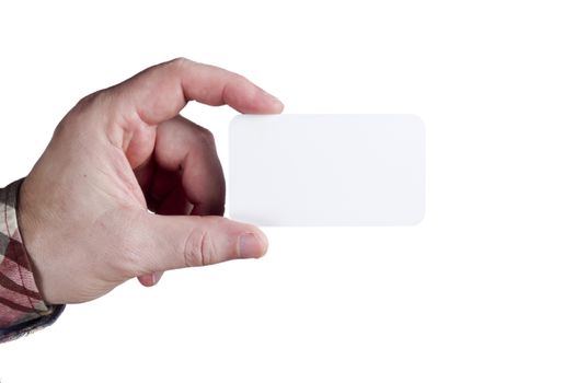 Business card in hand on white background