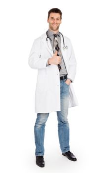 Happy male doctor showing thumb up isolated on a white background