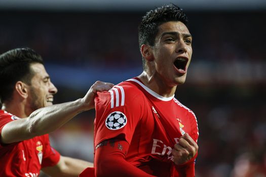 PORTUGAL, Lisbon: Football player Raúl Jiménez of Benfica celebrates his opening goal during the UEFA Champions League Quarter Final Second Leg match between SL Benfica and FC Bayern Munchen at Estadio da Luz on April 13, 2016 in Lisbon, Portugal. Bayern Munich reached the Champions League semi-finals for the fifth consecutive season. 