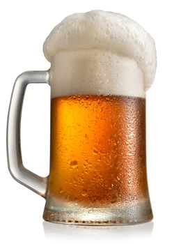 Frosty beer in glass mug isolated on a white background