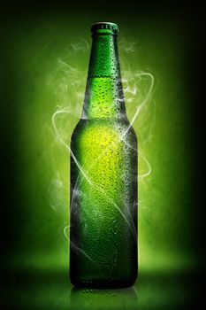 Green bottle of beer on a green background