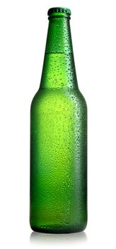 Green bottle of beer isolated on a white background
