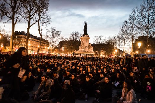 FRANCE, Paris: Hundreds take part in the 14th Nuit Debout (Up All Night) movement on the Place de la Republique in Paris on April 13, 2016. The Nuit Debout or Up All Night protests began in opposition to the Socialist government's labour reforms seen as threatening workers' rights, but have since gathered a number of causes, from migrants' rights to anti-globalisation.