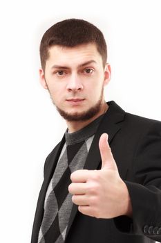 Young businessman with thumb up isolated on white