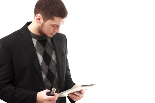 Casual businessman using his tablet and e-cigarette isolated on white