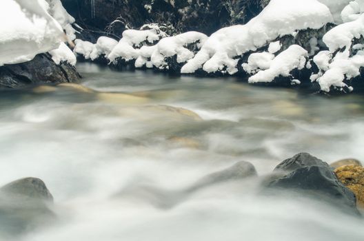 Mountain river flowing between the rock and snow-covered branches of trees, photographed with a long exposure