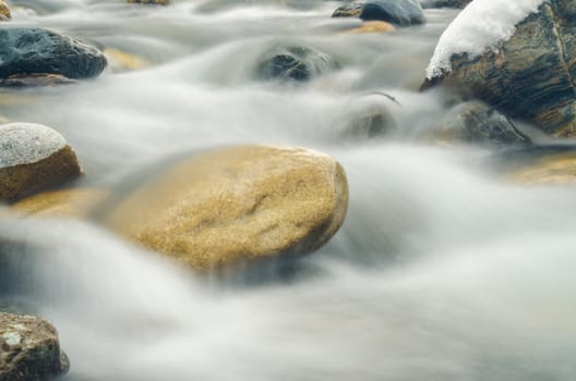 Current between rocks mountain river shot with long exposure