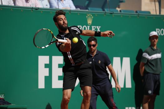 MONTE-CARLO, Monaco: French player Benoit Paire hits a forehand during a game against Andy Murray on April 14, 2016 as part of the Monte Carlo Rolex Masters.