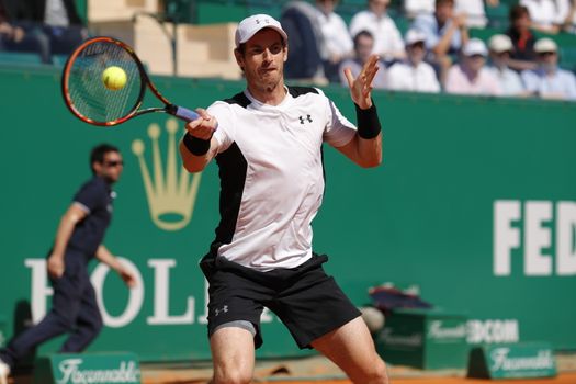 MONTE-CARLO, Monaco: British player Andy Murray hits a forehand during a game against Benoit Paire on April 14, 2016 as part of the Monte Carlo Rolex Masters.