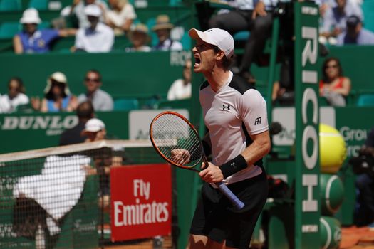 MONTE-CARLO, Monaco: British player Andy Murray screams during a game against Benoit Paire on April 14, 2016 as part of the Monte Carlo Rolex Masters.