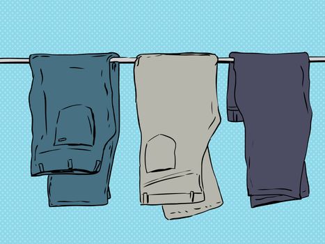 Hand drawn illustration of three pairs of folded jeans and pants over blue background