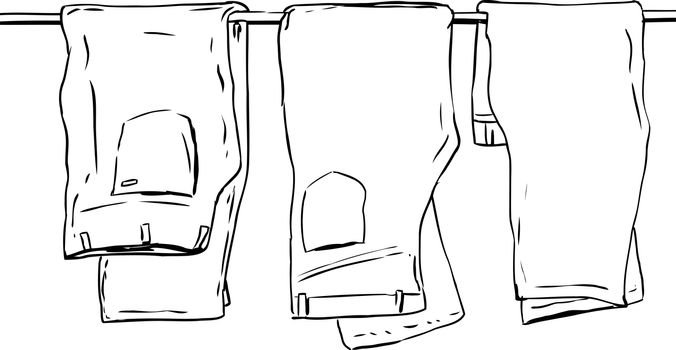 Outline illustration of three pairs of folded jeans and pants