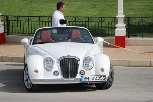 Monte-Carlo, Monaco - April 6, 2016: White Mitsuoka Roadster Parked in Front of the Monte-Carlo Casino in Monaco