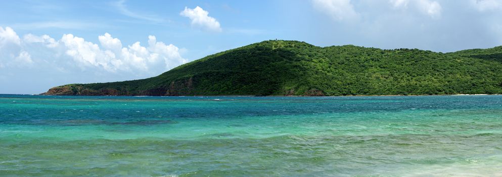 Panoramic view of the gorgeous white sand filled Flamenco beach on the Puerto Rican island of Culebra.
