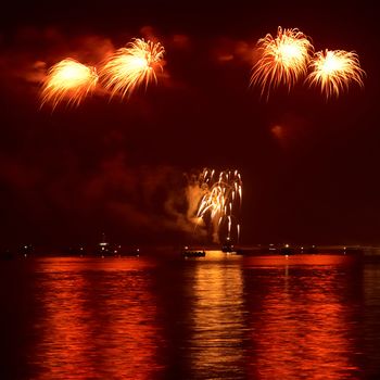 Red colorful holiday fireworks on the black sky background.