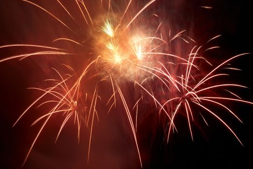 Red colorful fireworks on the black sky background. Holiday celebration.