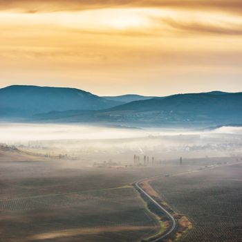 Misty road through fields against sunset