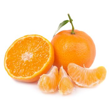 Orange mandarins with green leaf isolated on white background