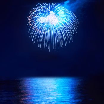 Blue colorful fireworks on the black sky background