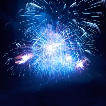 Blue colorful fireworks on the black sky background