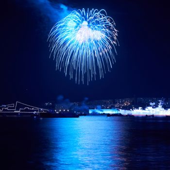 Blue colorful fireworks on the black sky background