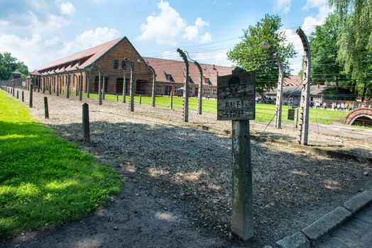 Electric fence in former Nazi concentration camp Auschwitz I, Poland