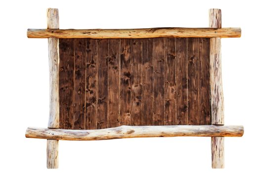 The frame for picture made from rough oak logs with wooden blackboard inside, isolated on white background