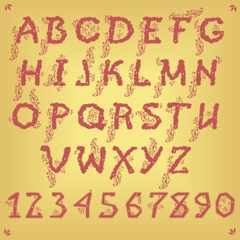Ethnic Red Alphabet with Floral Pattern. Illustration
