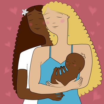 Two happy mothers. Lesbian family. Illustration