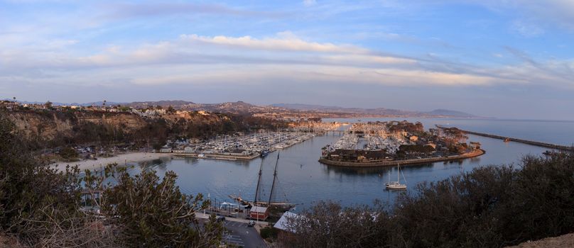 Panoramic view of Dana Point harbor at sunset in Dana Point, California, United States