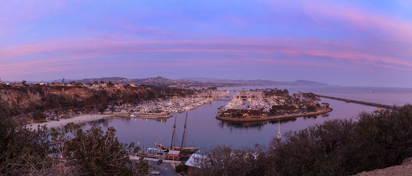 Panoramic view of Dana Point harbor at sunset in Dana Point, California, United States