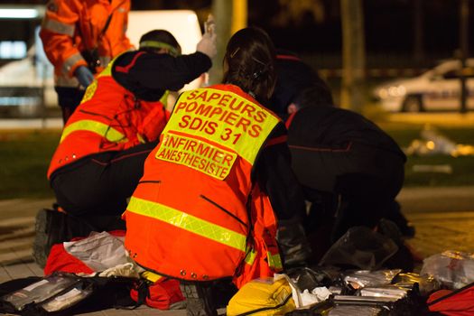 FRANCE, Toulouse: Rescuers take part in a simulation exercice of terrorist attack at the Toulouse stadium on April 14, 2016 as part of the Euro 2016. 