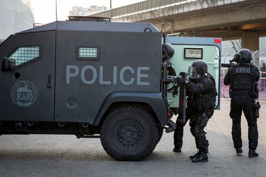 FRANCE, Toulouse: Members of the RAID, the French national police intervention group, take part in a simulation exercice of terrorist attack at the Toulouse stadium on April 14, 2016 as part of the Euro 2016. 